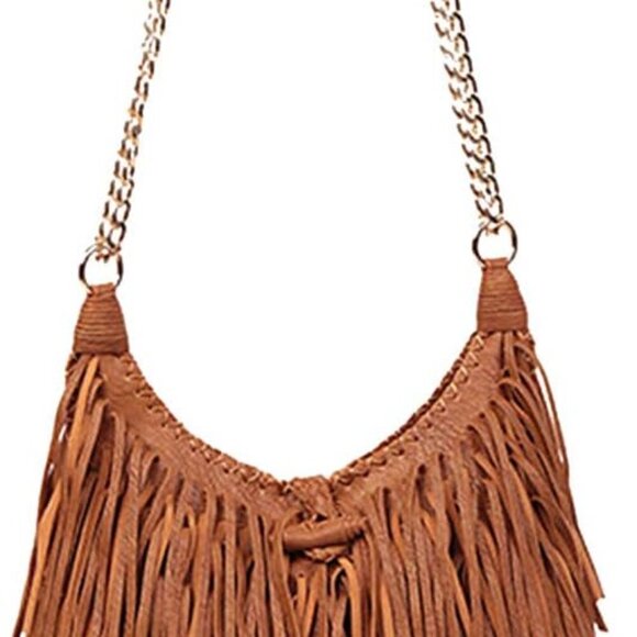 Women's Fringed Faux Suede Leather Cross Body Bag Chain Shoulder Bag Tassel Hand - Picture 1 of 6